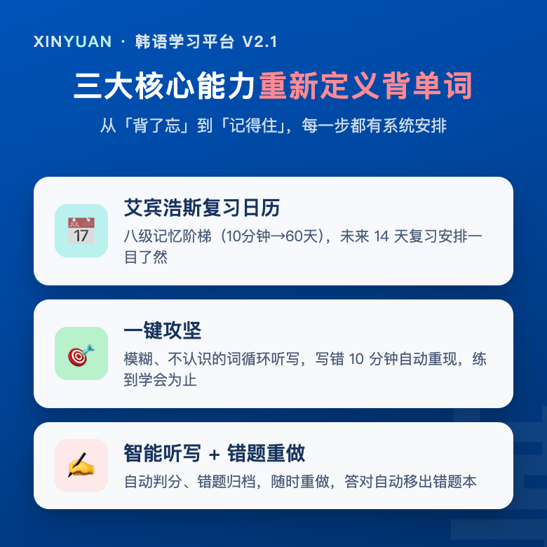 鑫源韩语学习平台 V2.1 正式上线:复习中心全新升级,用艾宾浩斯记忆法解决”背了就忘” 鑫源韩语学习平台 V2.1 正式上线:复习中心全新升级,用艾宾浩斯记忆法解决”背了就忘”